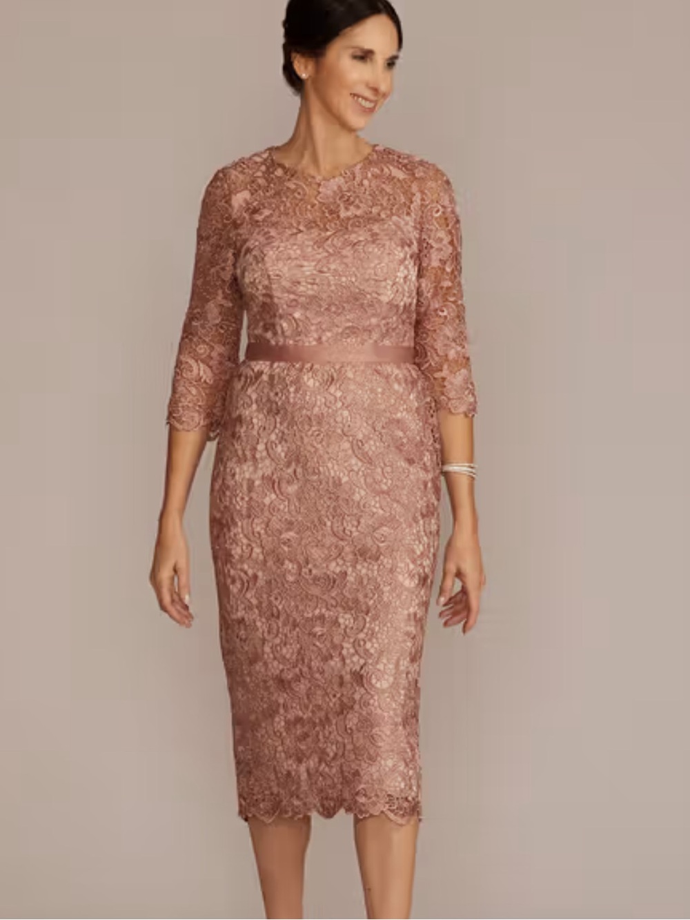 Oleg Cassini Three-Quarter Sleeve Lace Dress with Satin Waistband color mauve